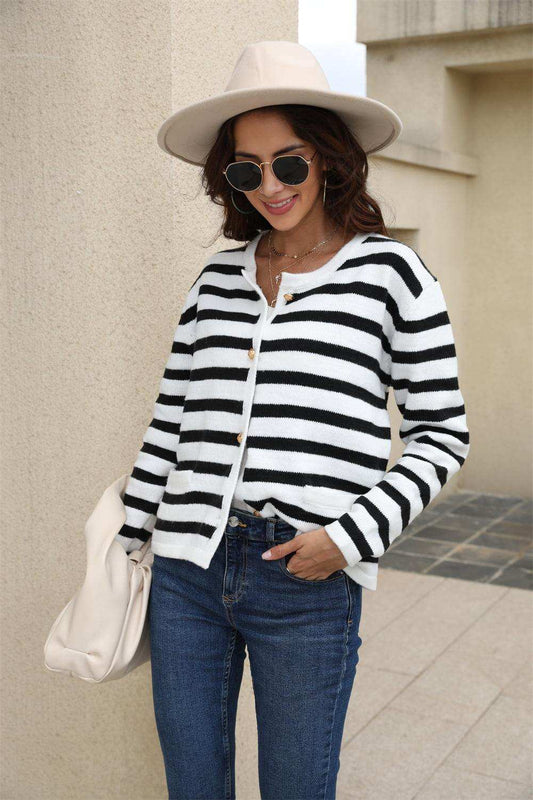 Striped Round Neck Button-Down Dropped Shoulder Cardigan - Trendsi - Flyclothing LLC