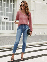 Notched Flounce Sleeve Blouse - Trendsi - Flyclothing LLC