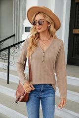 Cable-Knit Long Sleeve V-Neck T-Shirt - Trendsi