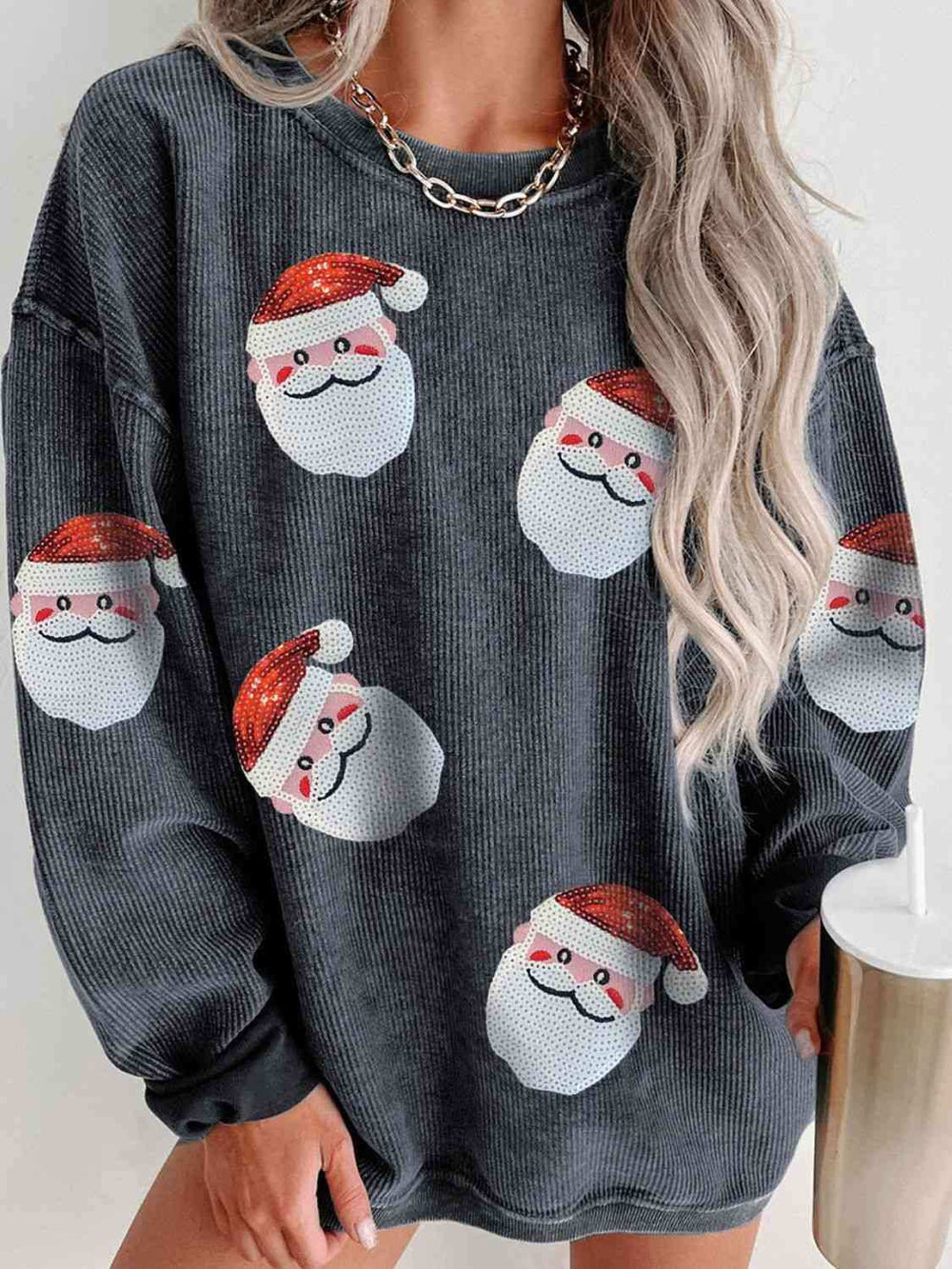 Sequin Santa Patch Ribbed Sweatshirt - Trendsi - Flyclothing LLC