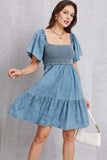 Smocked Square Neck Mini Denim Dress - Trendsi - Flyclothing LLC