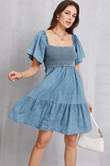 Smocked Square Neck Mini Denim Dress - Flyclothing LLC