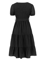 Smocked Tie Front Short Sleeve Tiered Dress - Trendsi - Flyclothing LLC