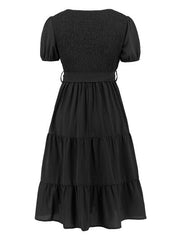 Smocked Tie Front Short Sleeve Tiered Dress - Flyclothing LLC