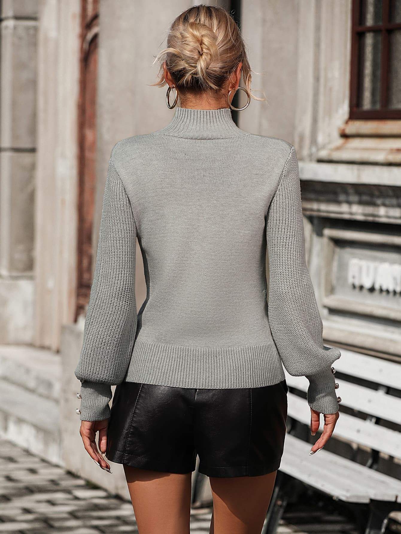 Mock Neck Ribbed Lantern Sleeve Pullover Sweater - Trendsi - Flyclothing LLC
