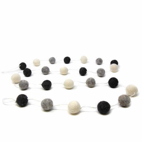 Hand Crafted Felt from Nepal: Pom Pom Garlands, White/Black/Gray - Flyclothing LLC