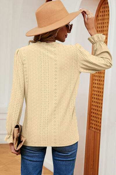 Eyelet V-Neck Flounce Sleeve T-Shirt - Trendsi - Flyclothing LLC