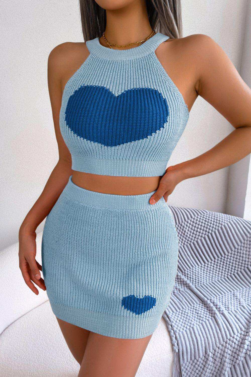 Heart Contrast Ribbed Sleeveless Knit Top and Skirt Set - Trendsi - Flyclothing LLC
