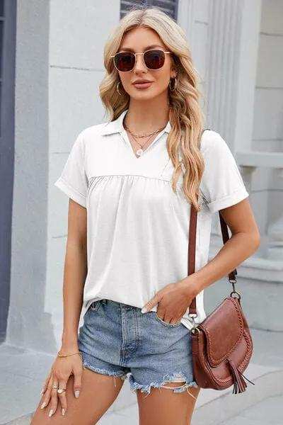 Ruched Johnny Collar Short Sleeve Blouse - Trendsi - Flyclothing LLC