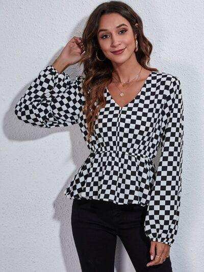 Checkered V-Neck Balloon Sleeve Peplum Blouse - Trendsi - Flyclothing LLC