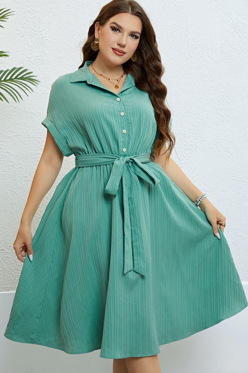 Buttoned Tie-Waist Shirt Dress - Trendsi