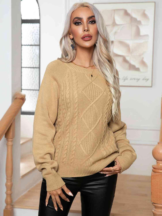 Cable-Knit Long Sleeve Sweater - Trendsi