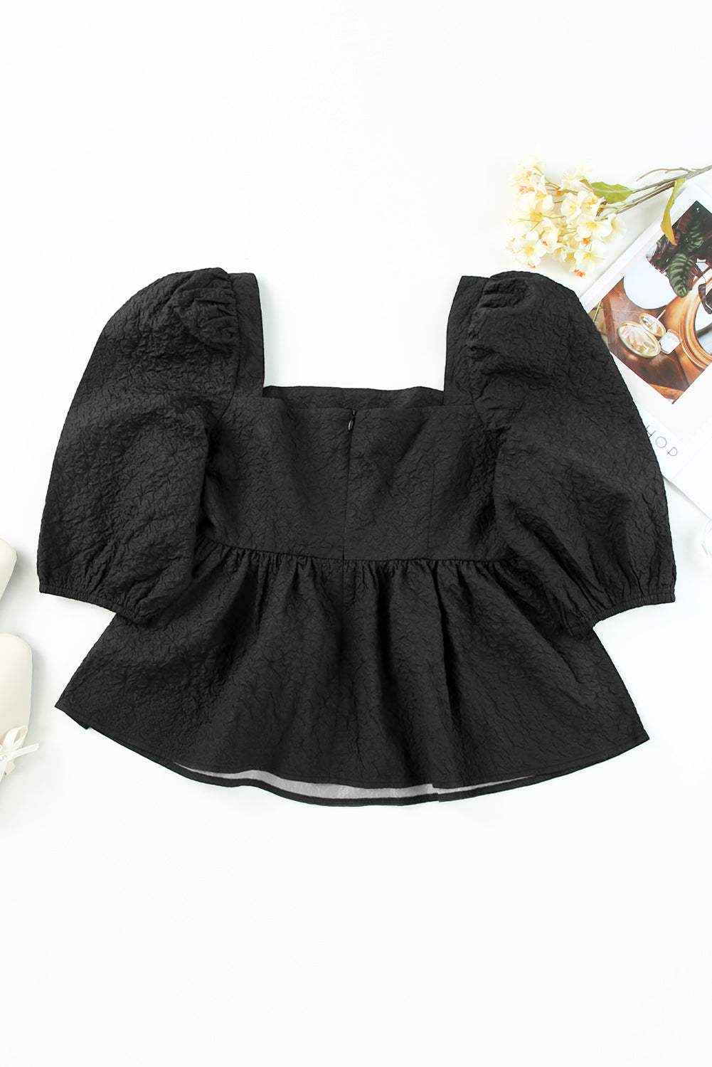 Square Neck Half Sleeve Peplum Blouse - Trendsi - Flyclothing LLC
