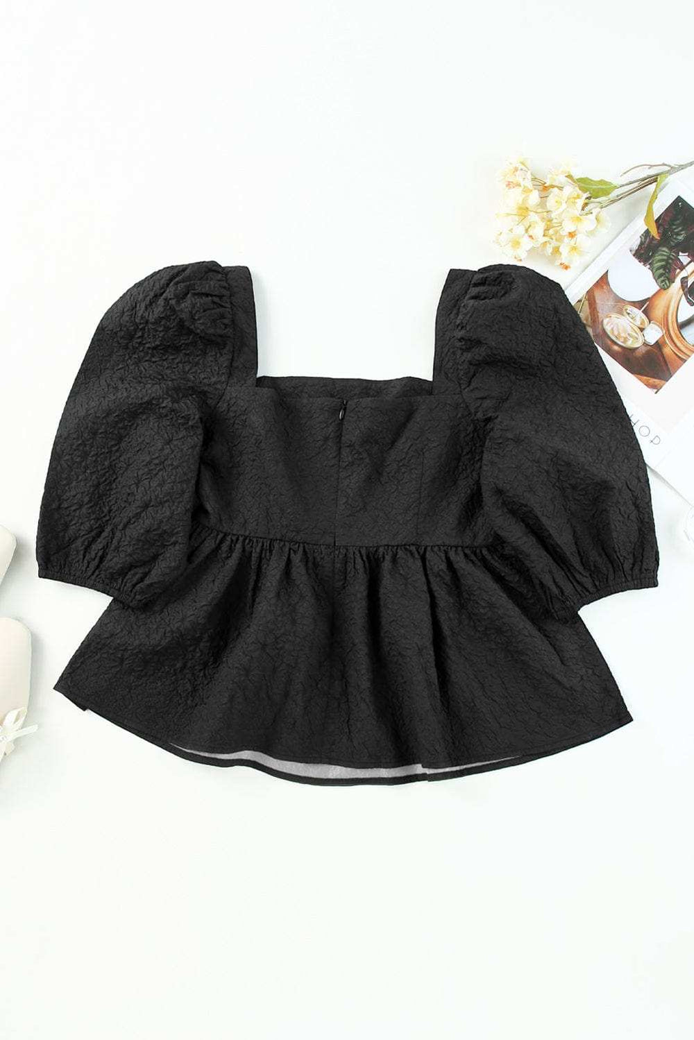Square Neck Half Sleeve Peplum Blouse - Trendsi - Flyclothing LLC