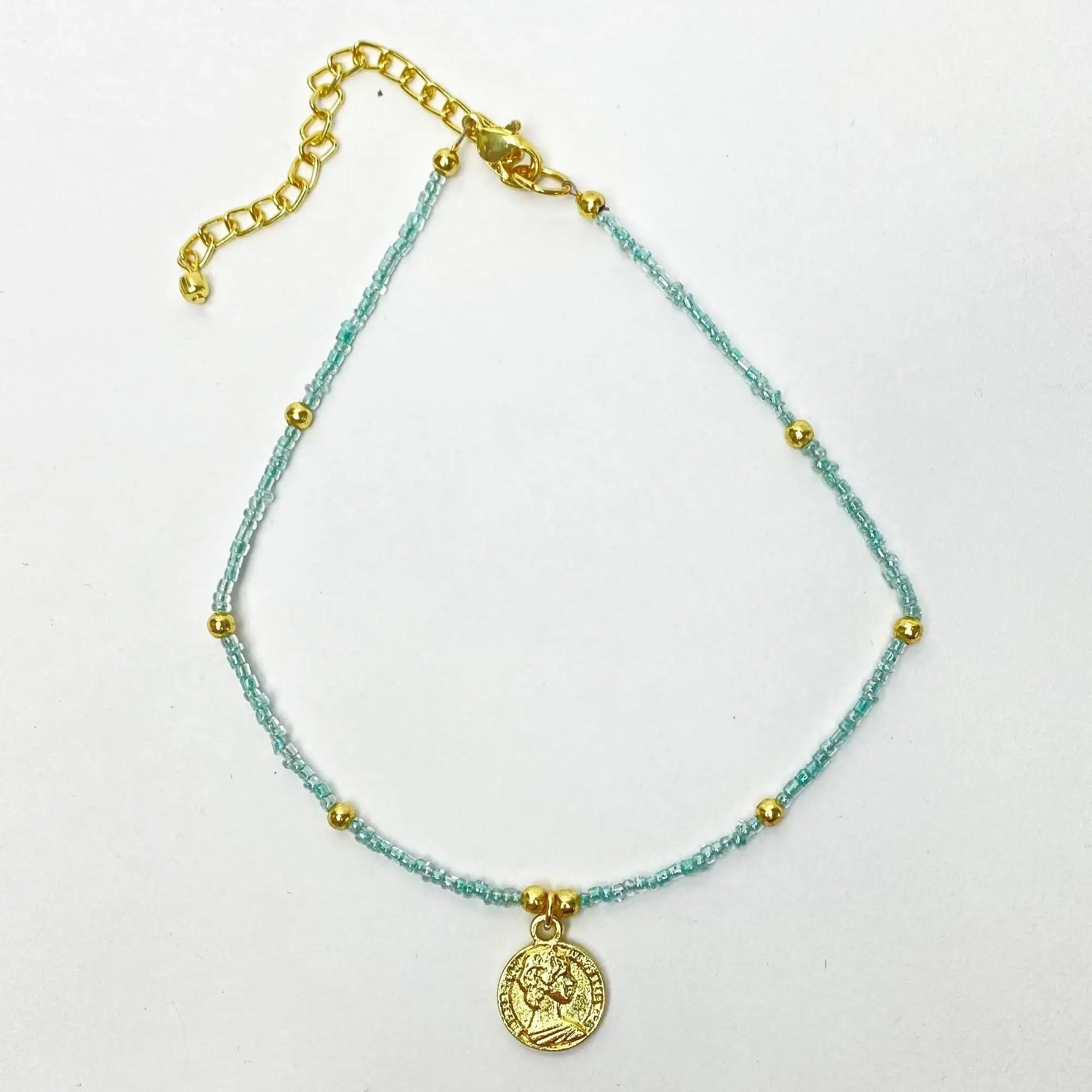 Baby blue Glass Bead Choker with Brass Coin Pendant - Asha Handicrafts - Flyclothing LLC