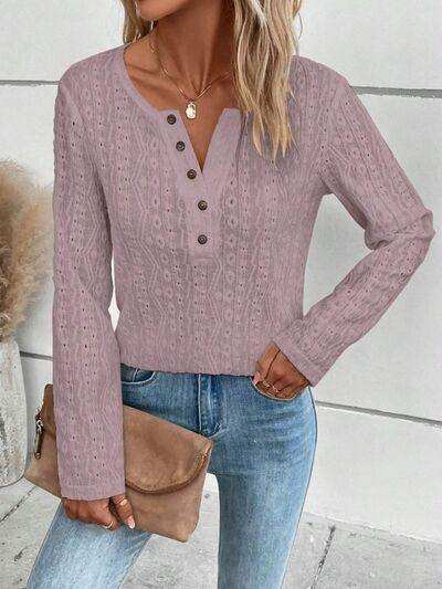 Openwork Half Button Long Sleeve Blouse - Trendsi - Flyclothing LLC