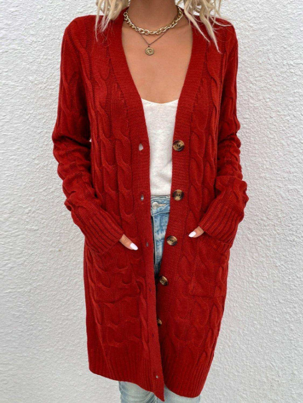 Cable-Knit Button Down Cardigan with Pockets - Trendsi - Flyclothing LLC