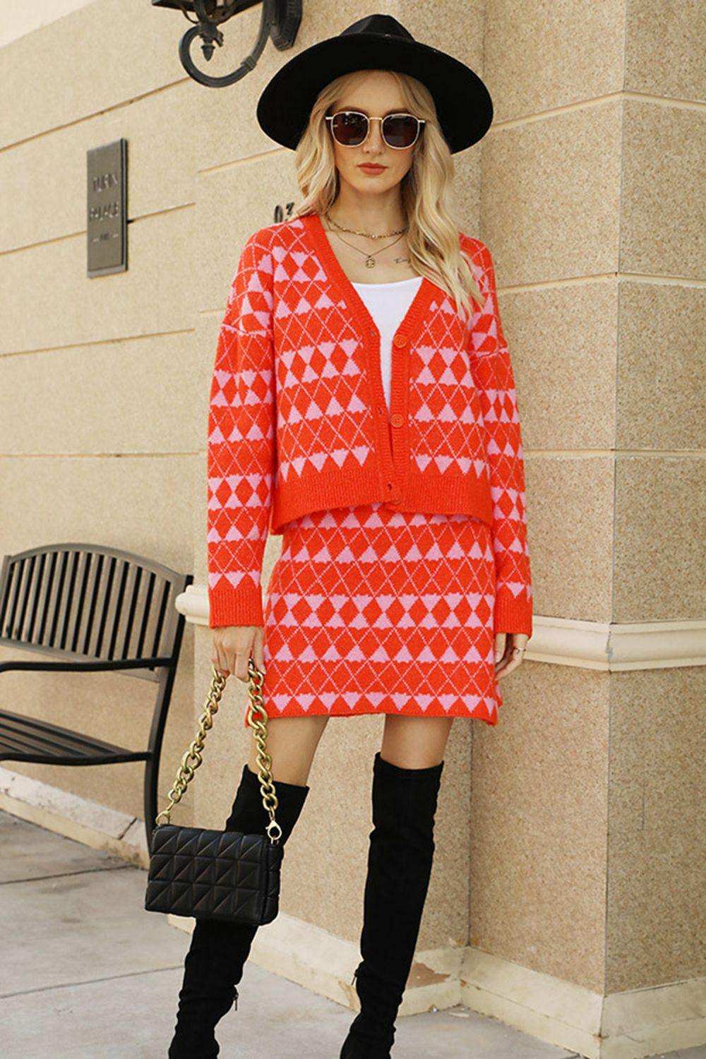 Geometric Dropped Shoulder Cardigan and Knit Skirt Set - Trendsi - Flyclothing LLC