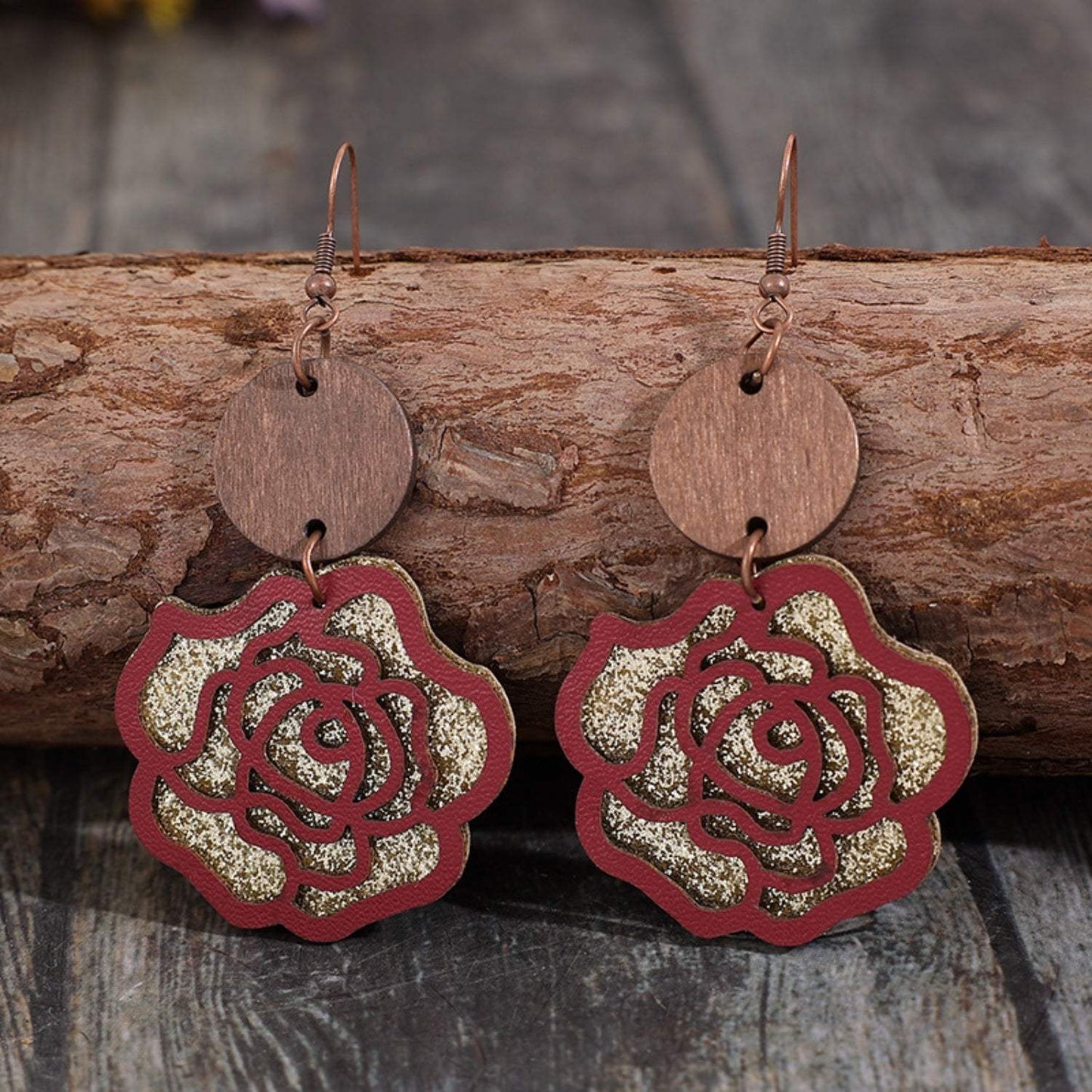 Wooden Alloy Rose Shape Dangle Earrings - Trendsi - Flyclothing LLC