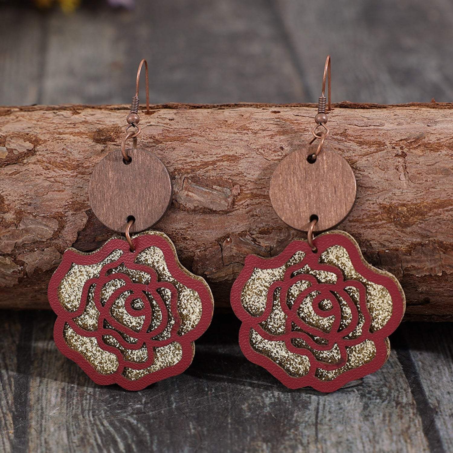 Wooden Alloy Rose Shape Dangle Earrings - Trendsi - Flyclothing LLC