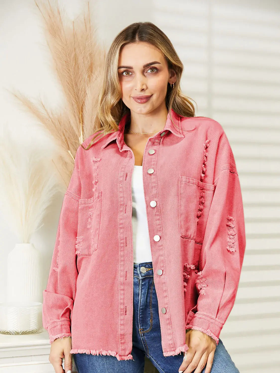 Distressed Raw Hem Denim Jacket - Trendsi - Flyclothing LLC