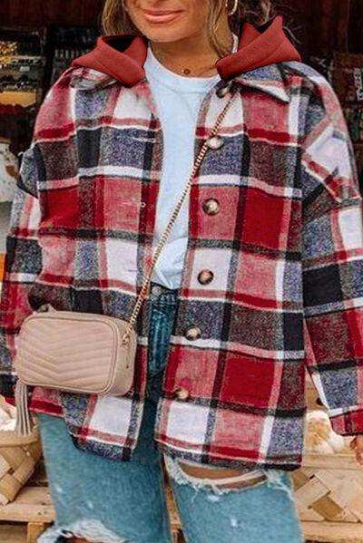 Plus Size Plaid Button Up Hooded Jacket - Trendsi - Flyclothing LLC