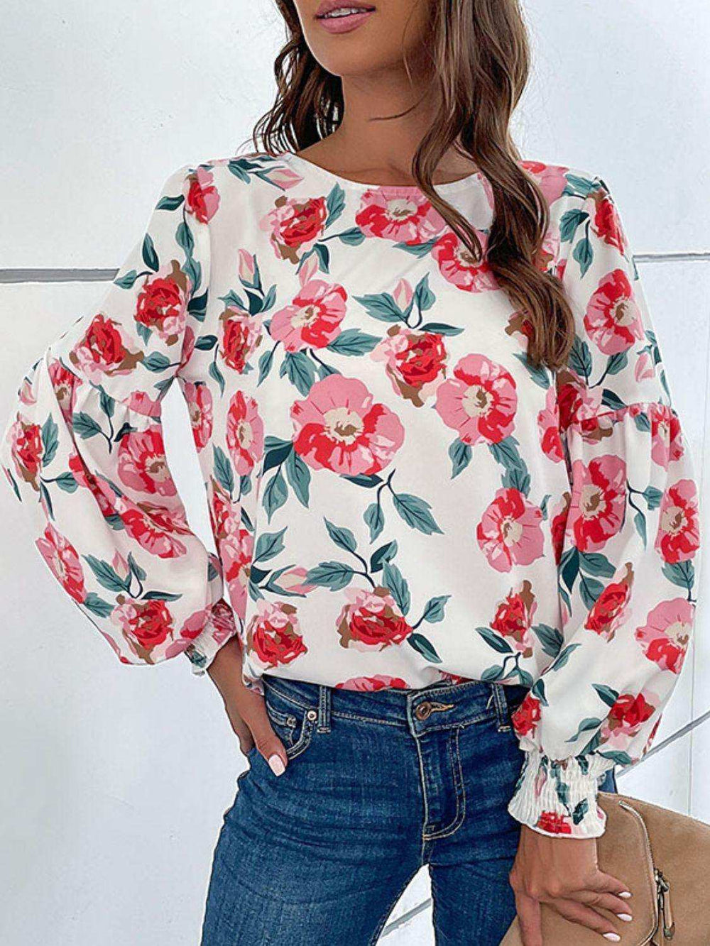 Floral Long Puff Sleeve Round Neck Blouse - Trendsi - Flyclothing LLC