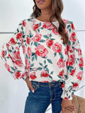 Floral Long Puff Sleeve Round Neck Blouse - Trendsi
