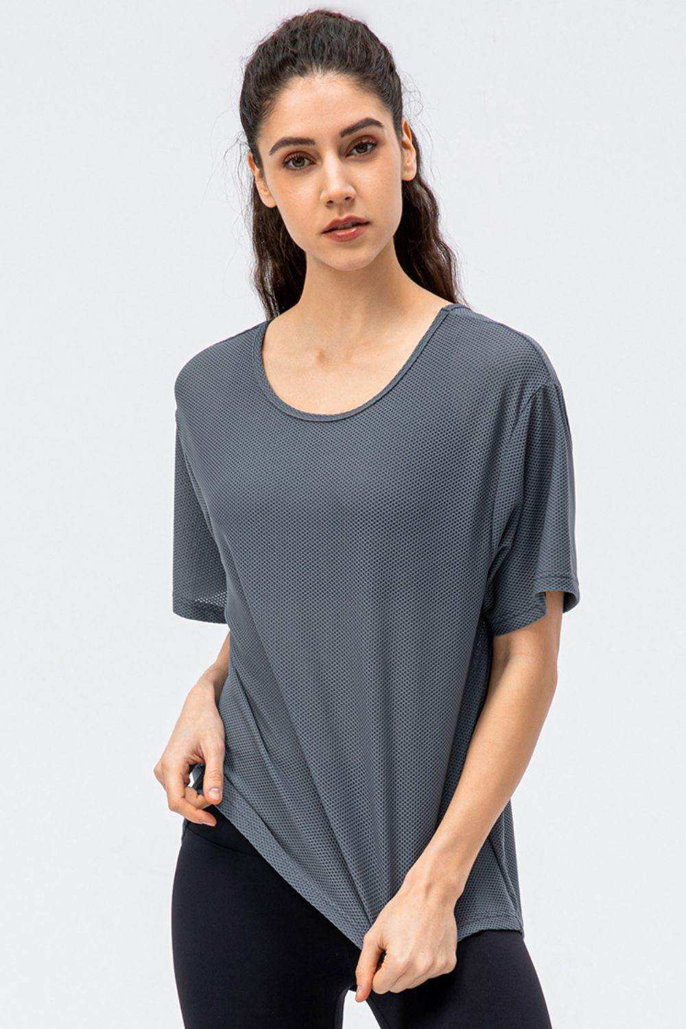 Round Neck Short Sleeve Active Tee - Trendsi - Flyclothing LLC