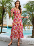 Floral Square Neck Short Sleeve Midi Dress - Trendsi