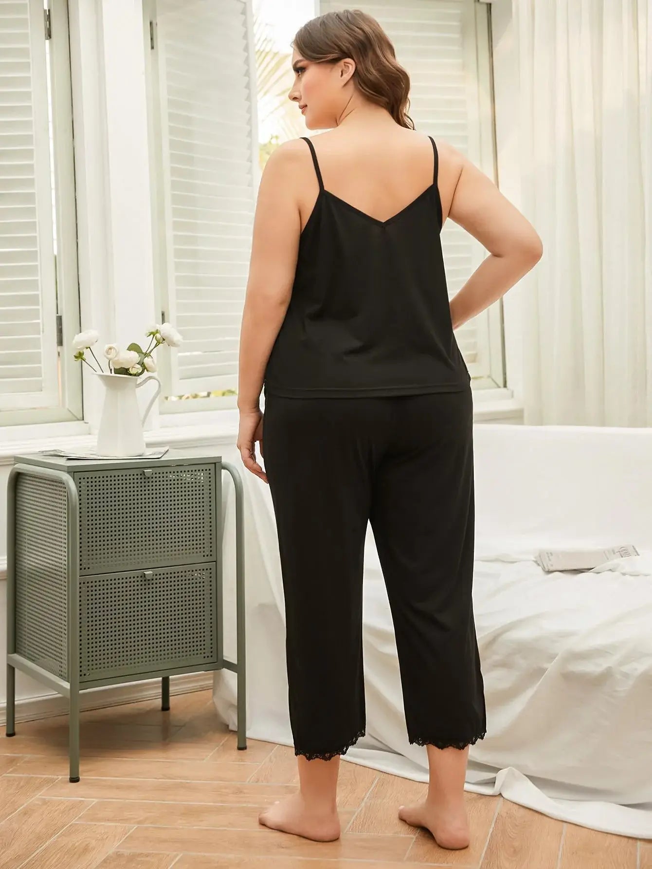Plus Size Lace Trim Slit Cami and Pants Pajama Set - Trendsi - Flyclothing LLC
