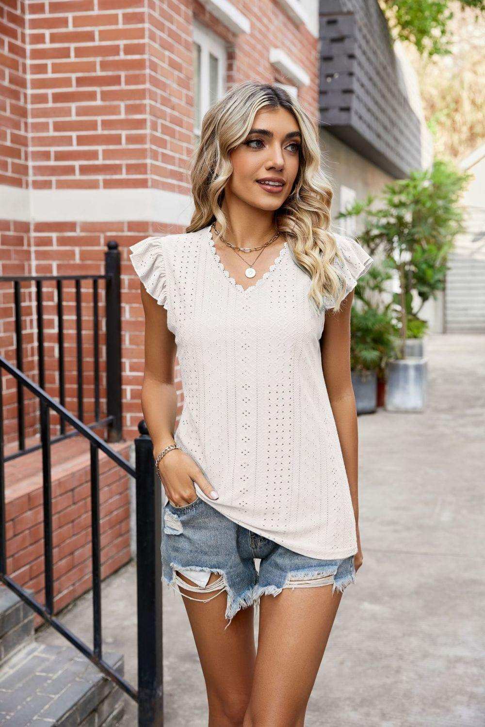 Eyelet Flutter Sleeve Scalloped V-Neck Top - Trendsi - Flyclothing LLC