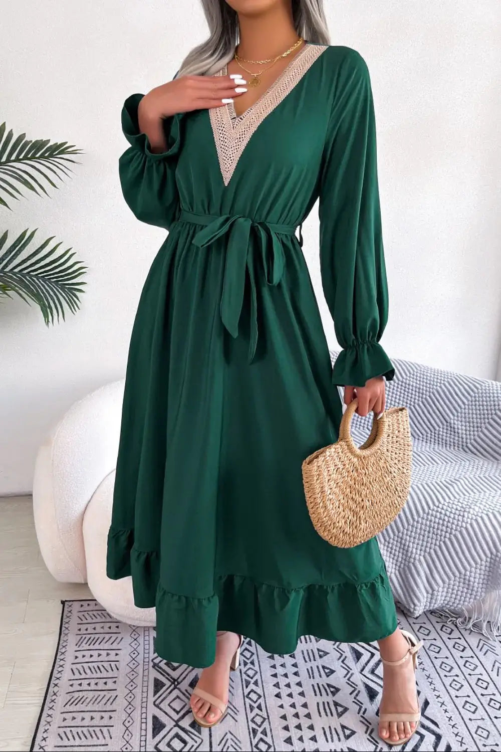 Contrast Belted Flounce Sleeve Dress - Trendsi - Flyclothing LLC