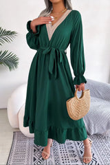 Contrast Belted Flounce Sleeve Dress - Trendsi - Flyclothing LLC