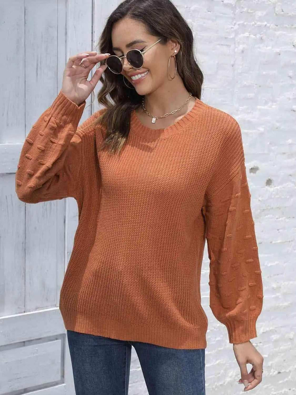 Round Neck Dropped Shoulder Sweater - Trendsi - Flyclothing LLC
