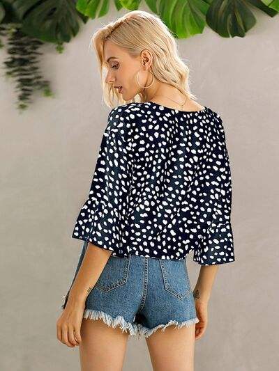 Tied Printed Button Up V-Neck Blouse - Trendsi - Flyclothing LLC