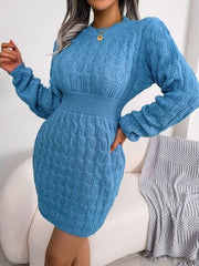 Cable-Knit Round Neck Mini Wrap Sweater Dress - Trendsi