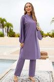 Cap, Drawstring Mock Neck Long Sleeve Top and Pants Swim Set - Trendsi - Flyclothing LLC