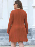 Plus Size Ribbed Buttoned V-Neck Long Sleeve Dress - Trendsi - Flyclothing LLC