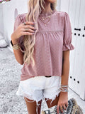 Eyelet Mock Neck Flounce Sleeve Blouse - Trendsi - Flyclothing LLC