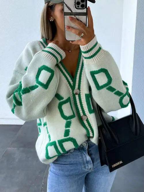 Geometric Dropped Shoulder Button Down Cardigan - Trendsi - Flyclothing LLC