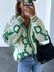 Geometric Dropped Shoulder Button Down Cardigan - Trendsi