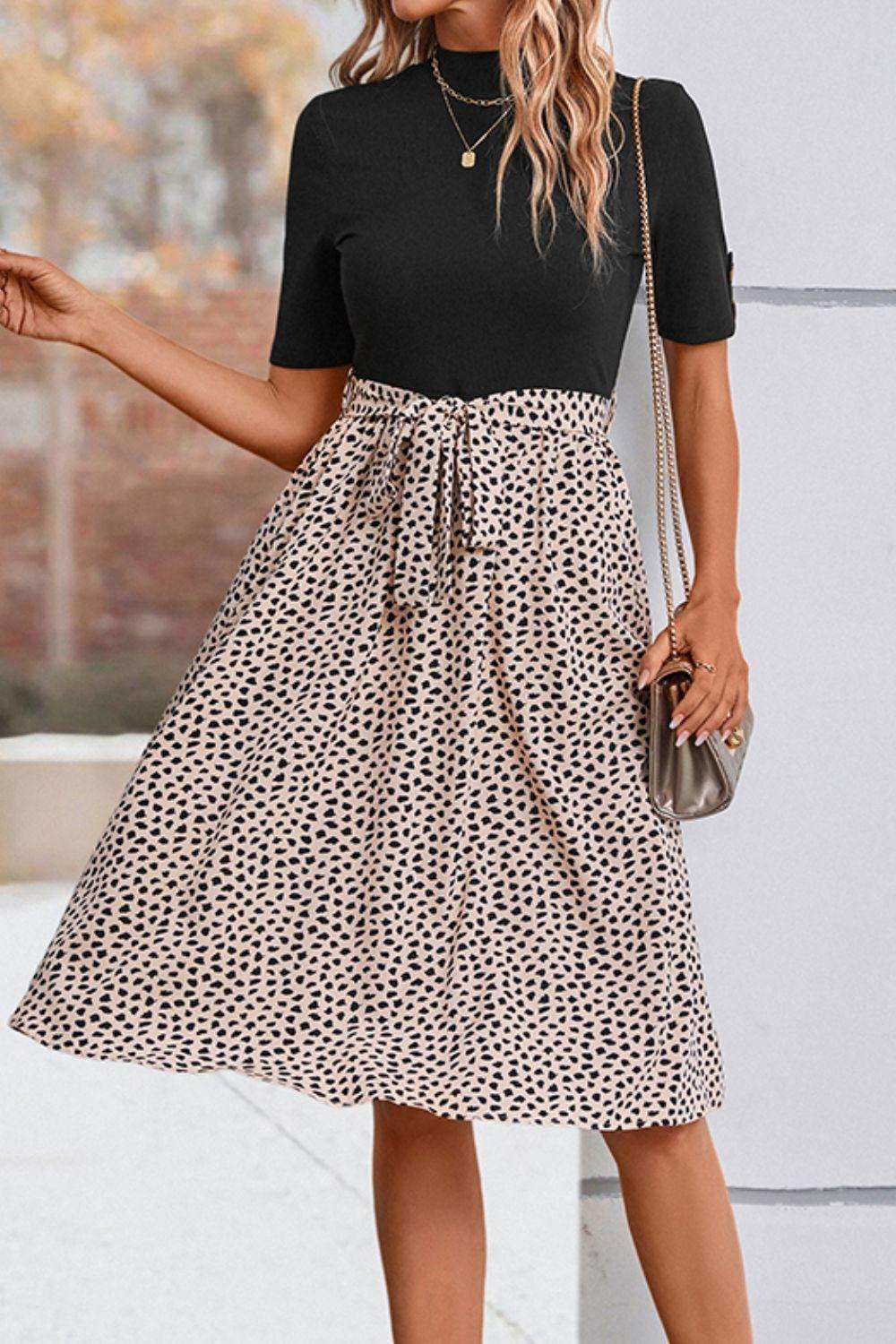 Printed Short Sleeve Belted Dress - Trendsi - Flyclothing LLC