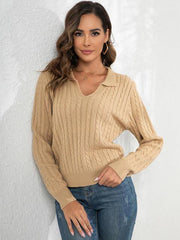 Johnny Collar Cable-Knit Long Sleeve Sweater - Trendsi
