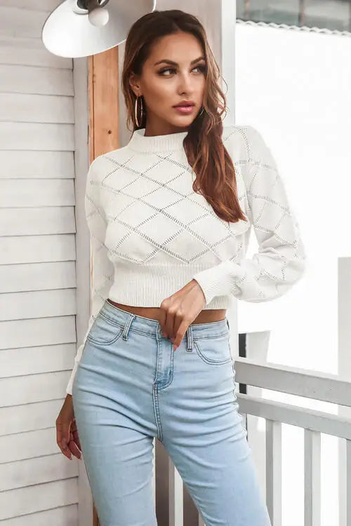 Openwork Plaid Round Neck Cropped Sweater - Trendsi - Flyclothing LLC