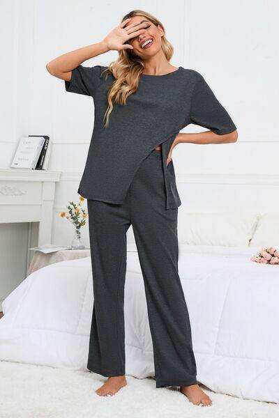 Slit Round Neck Top and Pants Lounge Set - Trendsi - Flyclothing LLC