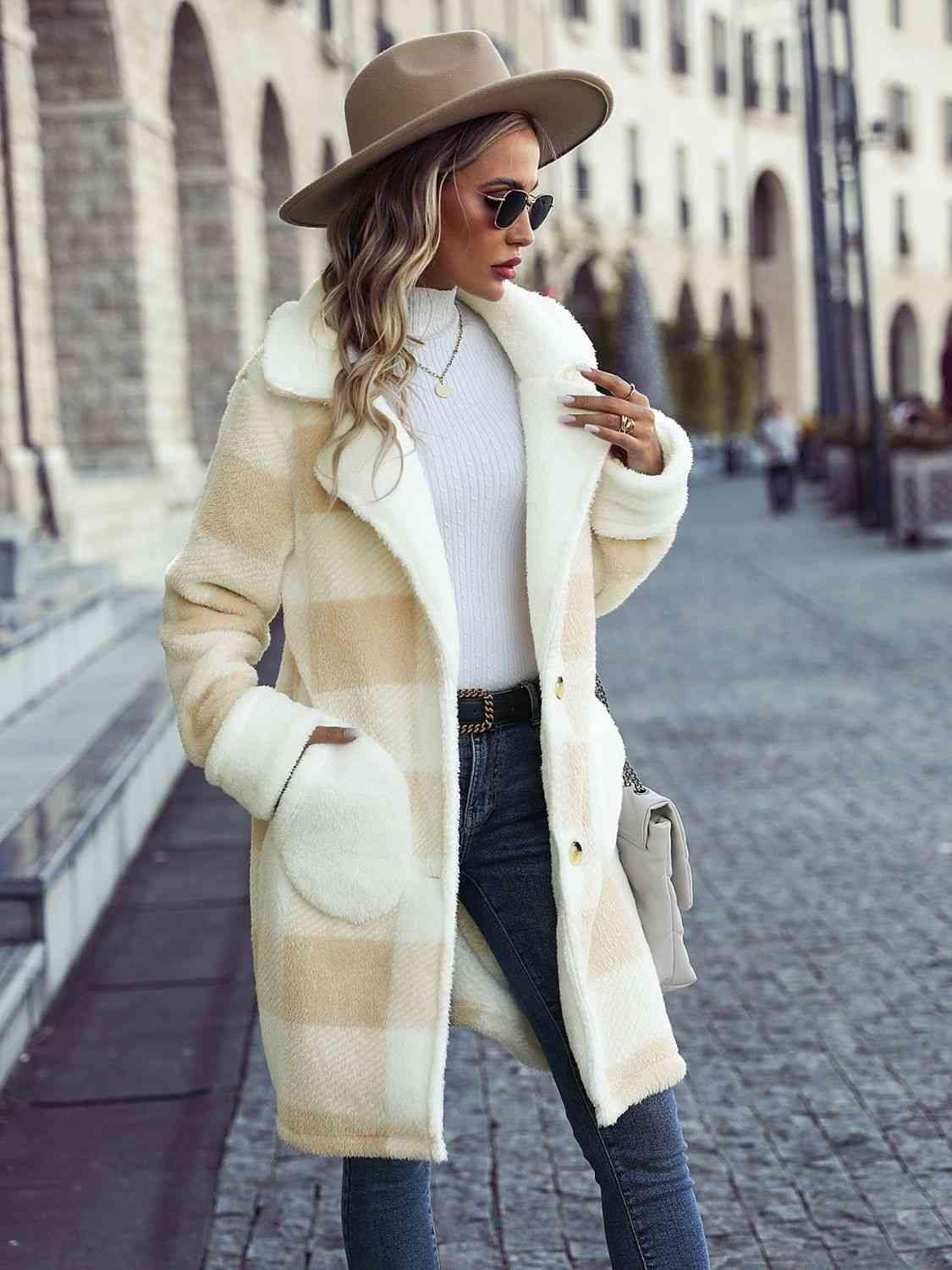 Plaid Button Down Coat with Pockets - Trendsi