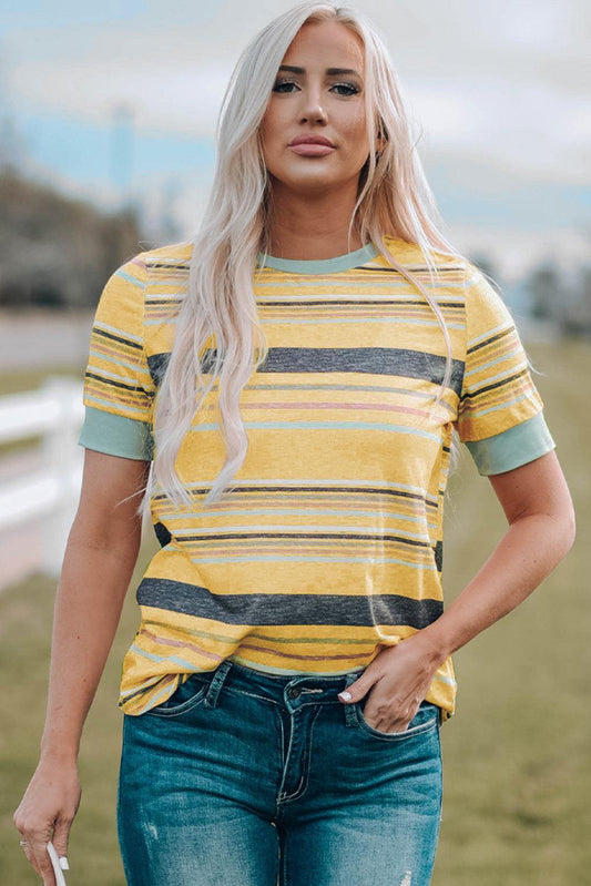 Multicolored Striped Round Neck Tee Shirt - Trendsi