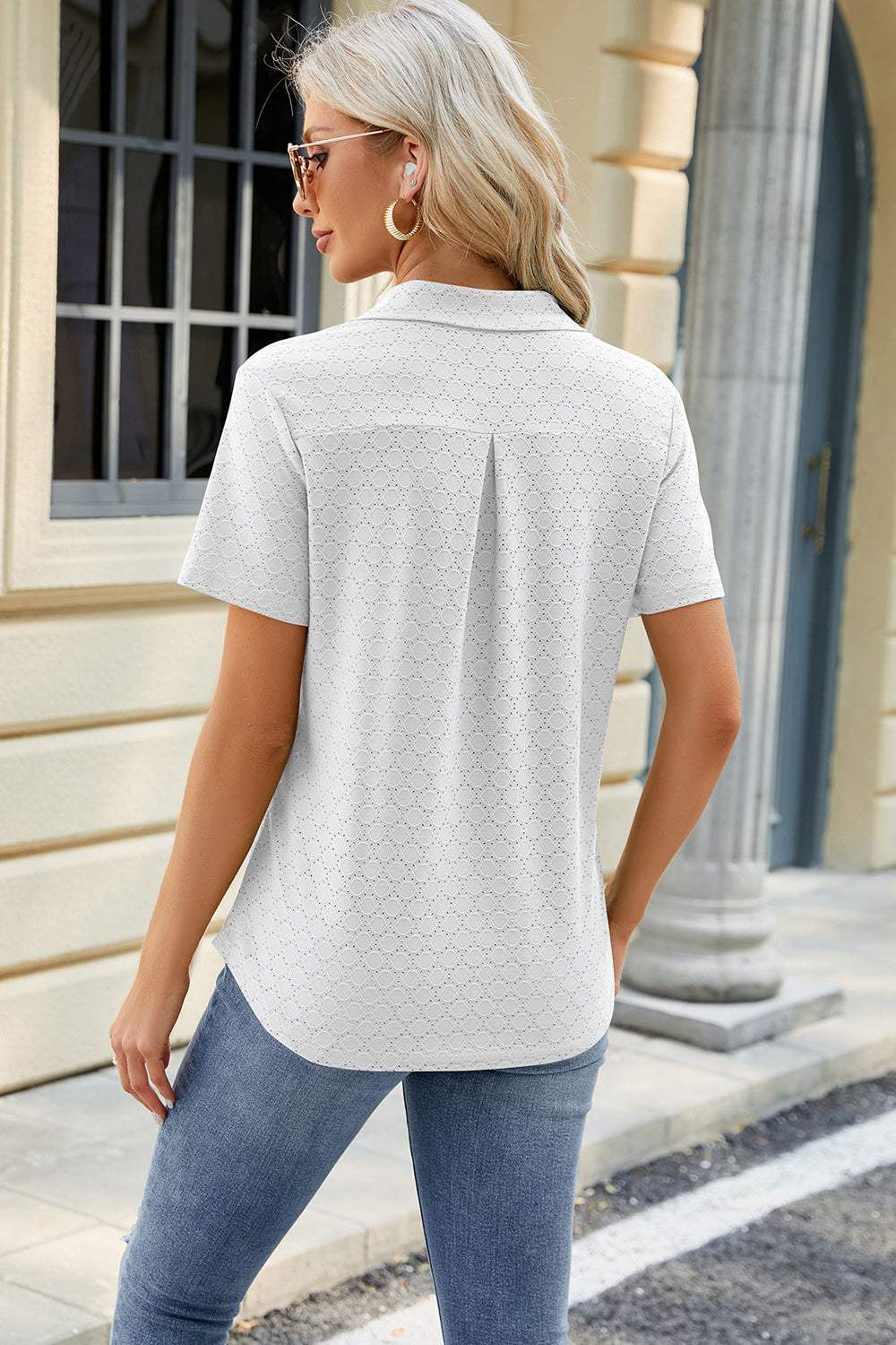 Pocketed Johnny Collar Short Sleeve Blouse - Trendsi - Flyclothing LLC