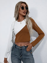 Croopped Contrast Color Round Neck Short Sleeve Tee - Trendsi - Flyclothing LLC